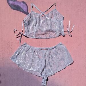 Savage X Fenty NWOT Silver Velvet Devoré Sheer Cami & Shorts Lounge Set 2X